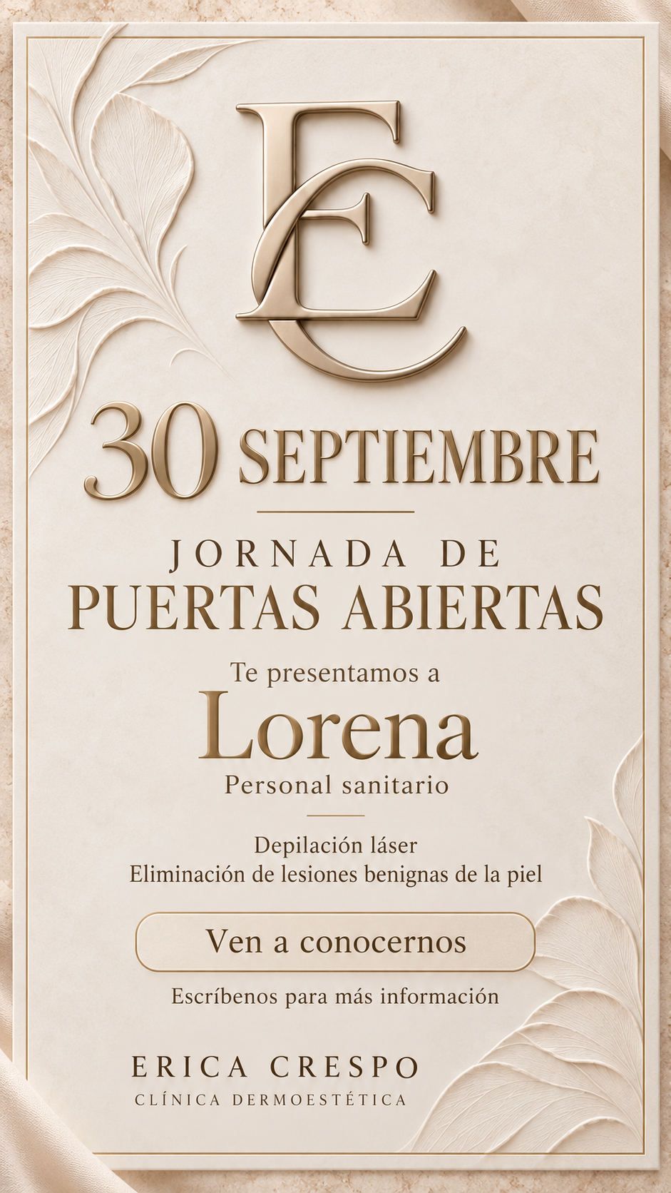 Cartel botánico con monograma EC dorado de la jornada de puertas abiertas con Lorena: 30 de septiembre, depilación láser e información sobre lesiones benignas de la piel